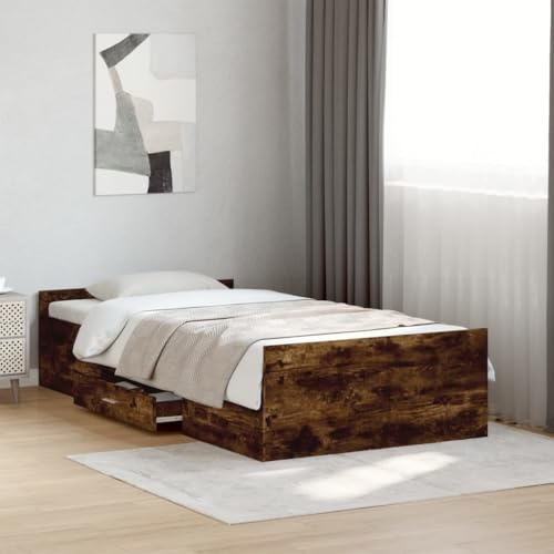 KTHLBRH Bettgestell Familienbett Doppelbett Schlafzimmer möbel Bettgestell mit Schubladen Räuchereiche 90x200cm Holzwerkstoff