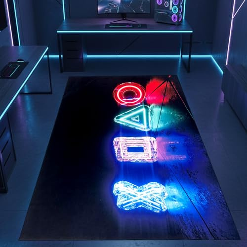 CARPETIA Gamer Teppich Neon-Look Symbole Schwarz Mehrfarbig 120x160 cm | Rutschfest, waschbar, pflegeleicht, strapazierfähig und saugrobotergeeignet, OEKO-TEX geprüft, für Gaming- & Jugendzimmer