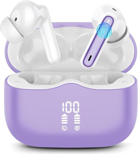 Écouteurs Bluetooth 5.4, Ecouteurs Bluetooth sans Fil avec Réduction Antibruit Mic, 40H HiFi Son Stéréo Durée de Lecture, Oreillette Sans Fil IP7 Étanche, Écran LED, Casque pour Android iOS, Violet