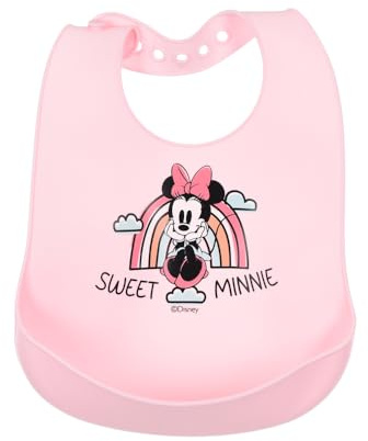 CARTOON Bavetto Disney bavaglini in silicone con tasca raccogli briciole bavetto con chiusura regolabile 30 x 23 cm (Minnie)