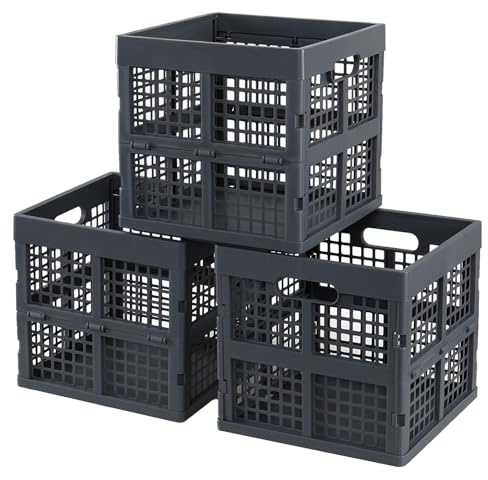 Fosly 18 L Square Folding Plastic Crates, 3 Pack Collapsible Stackable Storage Crates