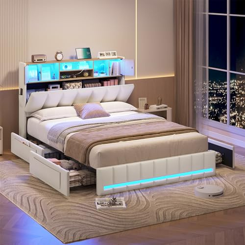 KIMENICH Bett 140x200 cm, Doppelbettgestell, Bett mit LED-Beleuchtung, Polsterbett, 4 Schubladen, Ladestation, Metallrahmen & Holzkopfteil mit Stauraum, für Schlafzimmer, Gästezimmer, Weiß + Natur
