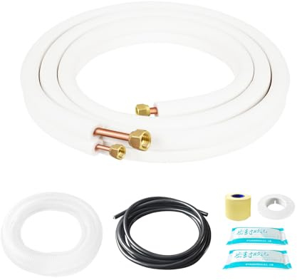RUNZEG 10FT Mini Split Line Set 1/4 & 3/8 O.D Copper Pipes Tubing with Nuts & Installation Kit, 3/8 White Thickened PE Insulation Coil for Air Conditioning or Heating Pump Equipment & HVAC