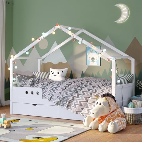 Bellabino Bela Kinderbett 90x200 cm, mit großer Schublade, Hausbett, Weiß | mit Rausfallschutz und Lattenrost, für Jungen und Mädchen aus Holz, Montessori-Bett