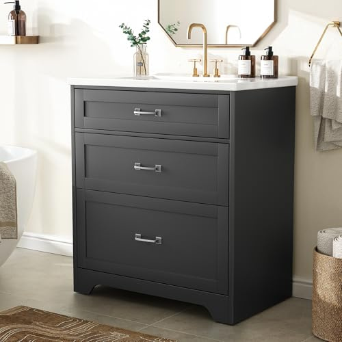 Amada 30″ Bathroom Vanity with Ceramic Sink, Modern Vanity with Storage Cabinet, 1 Tilt-Out Drawer and 2 Drawers, Deep and Sloped Single Sink, Easy Assembly, Black