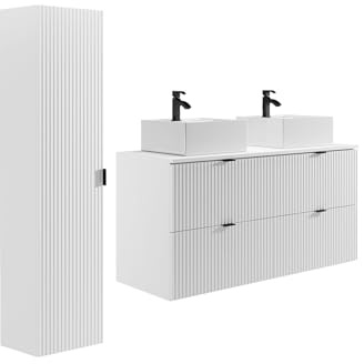 Vente-unique-Mueble de baño suspendido Estriado con Lavabo Cuadrado sobre encimera y Columna - Blanco Mate - 120 cm - ZEVINI