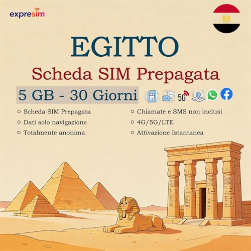 Scheda SIM prepagata Egitto | 5 GB validi 30 giorni | senza vincoli e senza registrazione | totalmente anonima | tariffa prepagata | scheda mobile 5G/4G | SIM solo dati