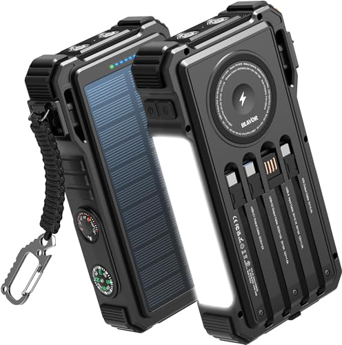BLAVOR Solar Power Bank 20000mAh mit Kable, 20W Schnellladung Solar Ladegerät USB C Externer Akku Portable Charger mit Taschenlampen und Karabiner für alle Handy, Wireless Ladegerät für Apple Watch