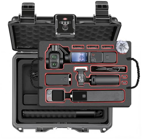 Osmo Pocket 4P Tillbehör vattentätt fodral, hårt skal för DJI Pocket 4 Pro | TSA transportväska dubbla lager, batterihandtag och gimbal-lås förblir monterad, PP-skyddslåda med formskum, för ficka 4/3