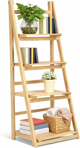 Solid Wood 4-Tier Bookshelf Freestanding Ladder Storage Rack for Home Decor