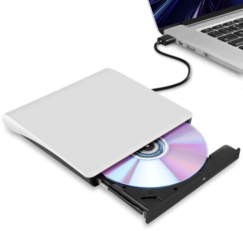 Hcsunfly External CD/DVD Drive for Laptop, USB 3.0 Ultra-Slim Portable Burner Writer Compatible with Mac MacBook Pro/Air iMac Desktop Windows 7/8/10/XP/Vista (White)