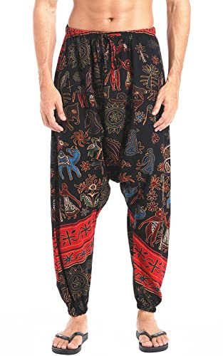 CLANMILUMS Men Women Harem Pants Elastic Drawstring Waist Loose Fit Hippie Boho Aladin Yoga Pants, Red, S