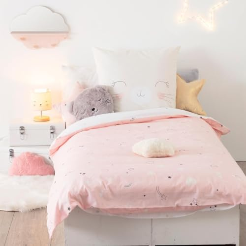 Atmosphera - Set di biancheria da letto per bambini con disegno di gatto rosa - 140 x 200 cm, singolo - 100% cotone, copripiumino e federa - Per la cameretta dei bambini