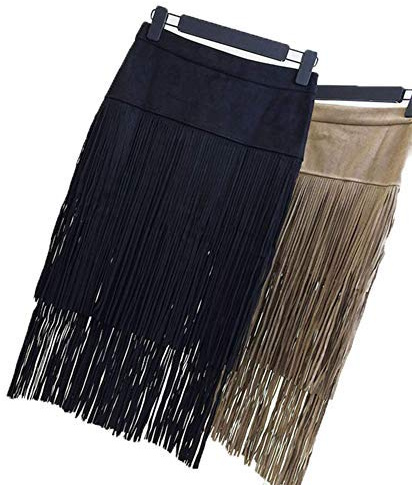 N/F Gonna retrò alla Moda Nuova Gonna in Pelle Dritta a Vita Alta a Strati Pesanti con Gonna con Frange in Pelle Scamosciata con Frange per Donna