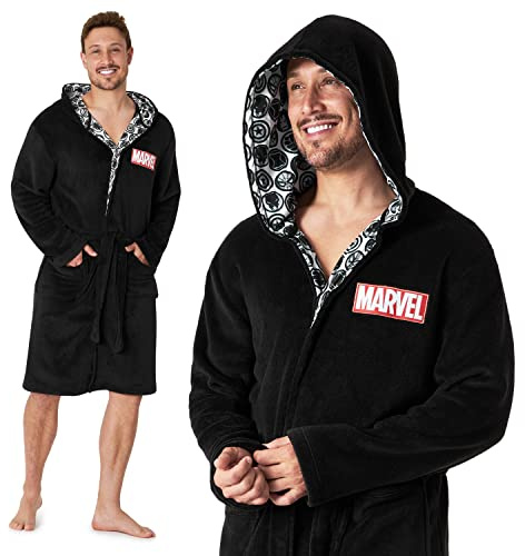Marvel Mens Dressing Gowns, Fleece Dressing Gown Bathrobe S-3XL, gifts, (Black, 3XL)