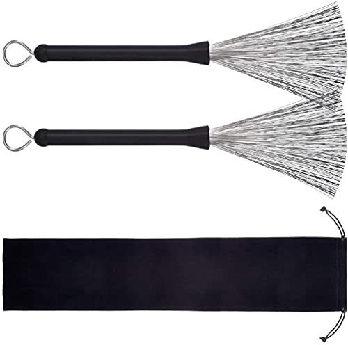 Voarge 1 paire de brosses pour batterie, brosses à tambour, brosses métalliques rétractables et ajustables, avec sac de rangement