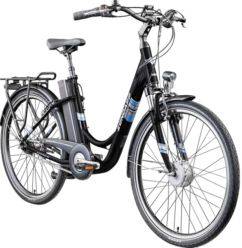 ZÜNDAPP E Bike City 26 Zoll | Elektro Fahrrad für 140-165 cm | 7 Gang Ebike Vorderrad Motor | E-Bike Elektrofahrrad mit Beleuchtung | Retro Hollandrad Green 3.7 (schwarz/blau, 46 cm)