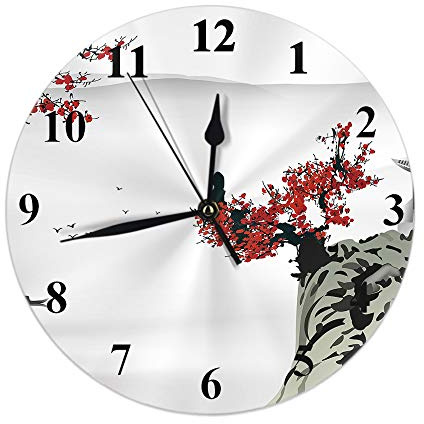Hdadwy Chinese Painting Wall Clock Mountain Flower Boat Cherry Blossoms River Pavilion Round Clocks Wall Decorative Silent No Ticking 10 inch 25cm PVC Rustic Modern for Bedroom