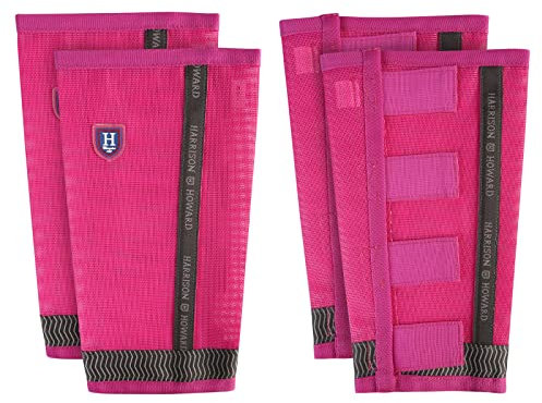 Harrison Howard Lockere Passform Pferd Fliegenstiefel UV Schutz Atmungsaktive Feinmaschige Leggins Stay-on Bequeme Fliegenstiefel mit Reflexstreifen für Extra Sicherheit (4er Set) Magenta Pony (Small)