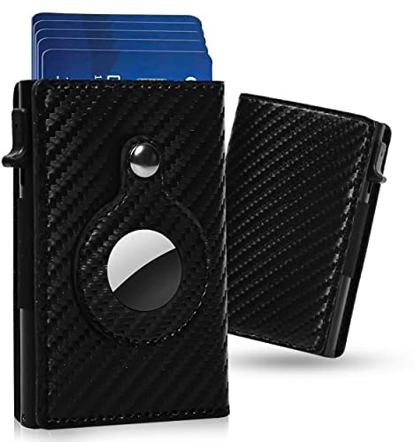 Shine Wine Airtag Smart Wallet | 100% Genuine Leather | RFID Blocking Technology | Slim Minimalist Air Tag | Best Gift for Men | Credit Card Money Holder (Carbon Leather, Black)