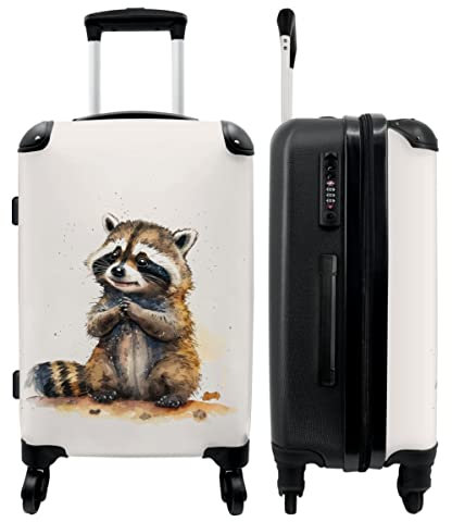 NoBoringSuitcases.com® Koffer groß Trolley Rollkoffer Reisekoffer mit 4 Rollen Fotokoffer - Waschbär - Wasserfarben - Tiere - Kinder - 67x43x25cm - 90 Liter