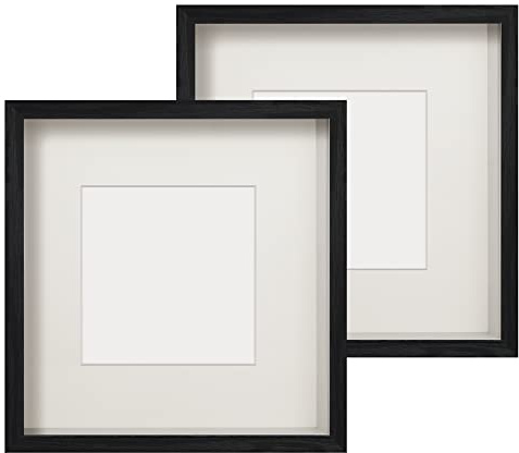 Anhow 2er 3D Bilderrahmen 23x23 cm, Echtglas 3D Bilderrahmen zum Befüllen 3cm Tiefer Objektrahmen mit Beige Passepartout Passend für 13x13 cm Fotos - Schwarz