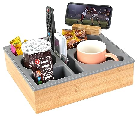 Hitseon Couch Cup Holder Tray, Handy Silicone Bamboo Couch Caddy with Rotatable Phone Holder for Bed Car Seat Organizer, Waterproof Anti-spill Sofa Cup Holder for Snacks Beverage Remote (Gray)