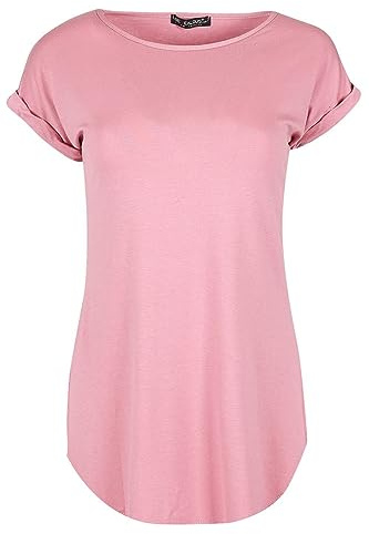 Tease Ladies Curved Hem Jersey Plain Top Womans Round Neck Turn Up Cap Sleeve T Shirt (20, Rose Pink)
