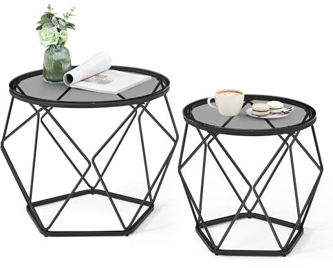 VASAGLE Couchtisch rund, 2er Set, Wohnzimmertisch, Beistelltisch, modern, abnehmbare Tischplatte, für Wohnzimmer, schiefergrau-tintenschwarz LGT040B03