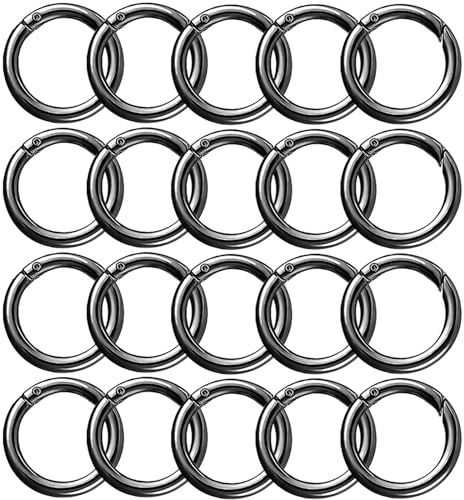 Bikasun 20 Pcs Spring O Rings, 28mm Round Metal Spring Snap Clip Hooks Zinc Alloy Carabiner Rings Small Clamp Clasp Keyring Buckle for Bag Purse Handbag Strap Craft DIY Making, Black