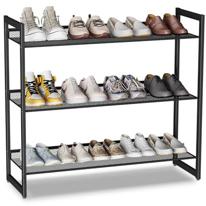 Dripex Schuhregal Metall Schwarz, Für 12 Paare, 30,5 x 74 x 63 cm, Schuhständer Kleines Schuhablage Schuhaufbewahrung für Flur Schlafzimmer 3 Ebenen