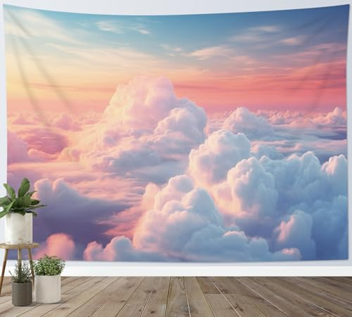 HVEST Pink Cloud Tapestry Wall Hanging Pastel Sky and White Cloud Sunrise Tapestry Nature Landscape Tapestries for Living Room Bedroom Aesthetic Wall Art Decor, 40L x 60W Inches