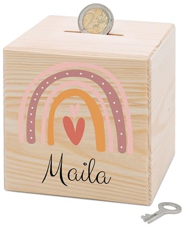 Bärenfreunde® - Personalisierte Spardose Kinder aus Holz mit Metallschloss - Spardose mit Namen mit kinderfreundlichem UV-Druck zum Sparen für Kinderträume (Regenbogen rosa)