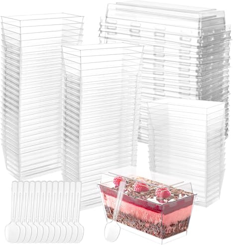 LDXDRU 100 Stück Mini Dessertbecher Plastik, 140 ml Rechteckige Dessertgläser Transparent, Dessertschalen mit Deckel, Servierschüssel Wiederverwendbare für Mousse Eiscreme