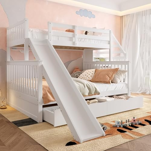 MSMOK Letto a castello con cassetti, spazio di archiviazione e scivolo multifunzionale, 90 x 200 oltre 140 x 200 (bianco)