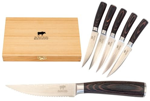 BEEFSTONE Steakmesser Set 6 teilig, Profi Kochmesser, Ergonomischer Holzgriff, Wellenschliff, Geschenkidee mit Kiste aus Holz zur Aufbewahrung