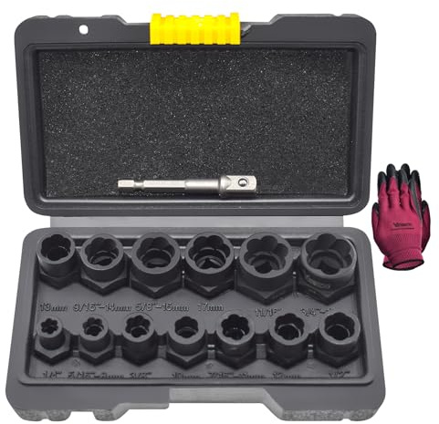 Yuesstloo 14 Pcs Bolt Nut Extractor Set with Knockout Bar, 3/8 Drive Wheel Lock Removal Kit for Extracting Damaged, Stripped Frozen Nuts & Screws Twist Socket Set, Impact Lug Nut Remover Socket Tool