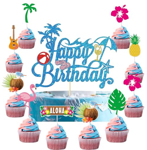 YUEcthynous Flamingo Geburtstag Deko,17 Stück Flamingo Cupcake Topper,Hawaii Party Deko Hawaii Tortendeko Sommerpartyzubehör für Mädchen Jungen Kinder Geburtstag Sommer Party Dekoration