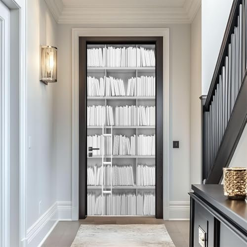 Tizhweqo Türtapete Selbstklebend 77x200 Weißes Bücherregal Türfolie Türposter Bücher Fototapete Türklebefolie Wandbild Türaufkleber Wandtapete 3D Effekt für Wohnzimmer Schlafzimmer Küche b1