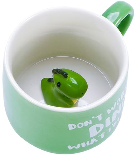 Komoke Dinosaurier 3D Tasse, Niedliche Dino-Kaffeetasse mit 3D-Effekt, 350ml Keramikbecher für Kinder, Freunde und Familie, Lustige Geschenkidee mit Dinosaurier im Inneren