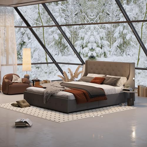FLEXISPOT 160x210 cm Samt Bett mit Stauraum gepolstert Plattform mit 4 Schubladen & Lattenrost Bettrahmen mit Kopfteil Bett Bettgestell Grau