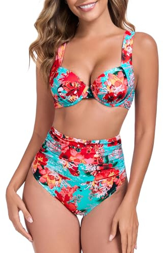 RELLECIGA Women's Push Up Bikini Set Underwire Bathing Suits Two Piece Tummy Control Swimsuits(Blue Floral,Medium)