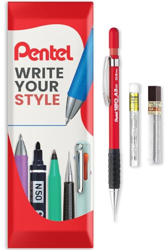 Pentel 120 Series Automatischer Druckbleistift A313 + 12 HB-Minen + Tube Radiergummi-Nachfüllminen – in Kissenverpackung – 0,3 mm – Rot