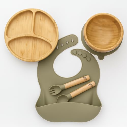 Kindergeschirr Set aus Bambus und Silikon – rutschfest, BPA-frei, umweltfreundlich, 5-teiliges Set für Babys und Kleinkinder (Rund Grün)