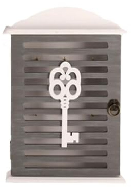 Gissed Caja Decorativa para Llaves de Madera, Diseño Vintage con Panel Frontal y 6 Ganchos, Panel Decorativo con Diseño de Llave, Gris y Blanco (Gris con Blanco)