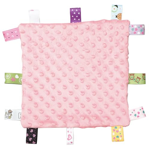 Taggy Blanket,Cotton Taggies for Babies Baby Comforter Tag Blanket,With Colorful Satin Ribbon Tags Security Soft Touch Soothing Plush Soft Breathable Senses for Infant Boy Girl Newborn Gift (Pink)