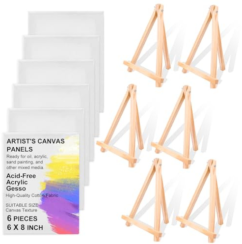 AKOLAFE 6 Stück Leinwand mit Staffelei Klein Leinwand Ständer Set (leinwand 15x20 cm und Staffelei 18x24 cm), Mini staffelei Holz Tischstaffelei mit Leinwände zum Bemalen mit Ständer Set für Malerei
