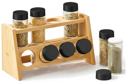 DAMOEX Portaspezie in bambù con 6 barattoli di vetro ermetici, organizer per spezie da cucina per piano di lavoro e dispensa, supporto in legno naturale compatto e moderno