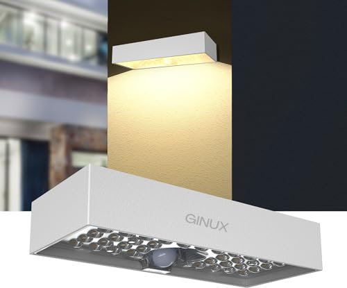 GINUX® Solarlampen für außen mit Bewegungsmelder - Dekorative Solar Wandleuchte aussen mit Superhellen LEDs und PIR-Sensor, Solar LED Strahler für Wand und Garten (60W Weiß)