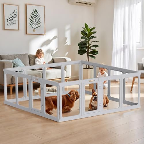 Gardner Pet Acryl Welpenauslauf, 60 cm, 14 PCS +2, Grau | Mit Tür, Faltbar, Transparent, Mit Saugnäpfen, Für Welpen, Kaninchen, Katzen, Schweine